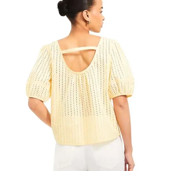 New Loft Eyelet Cutout Back Bubble Sleeve Top Butter Yellow - Picture 7 of 14